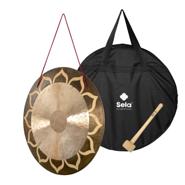 SELA Wind Gong Lotus 20" Handgefertigter flacher Gong mit spirituellem Lotus-Motiv  inkl. Holzschlägel und Tasche-2