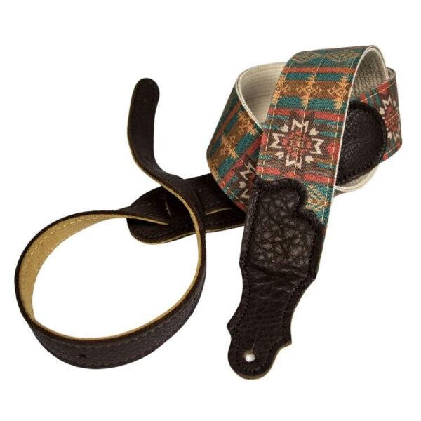 FRANKLIN 2" Turquoise Old Aztec Graphic Strap/Natural Cotton Web/Chocolate Leather End Tabs    -1
